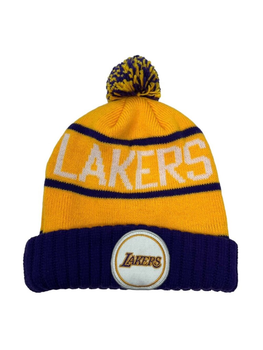 Mitchell & Ness Los Angeles Lakers Pom Beanie Knit Hat NBA Purple Gold OSFA